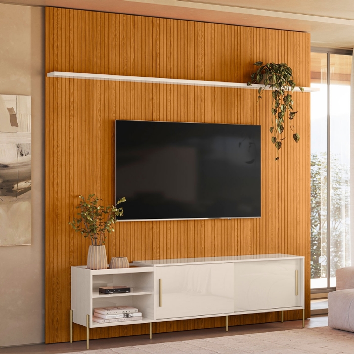 Painel TV 75 Pol 238cm André e Rack Sala Sammy Cinamomo/Off Z10 - Mpozenato