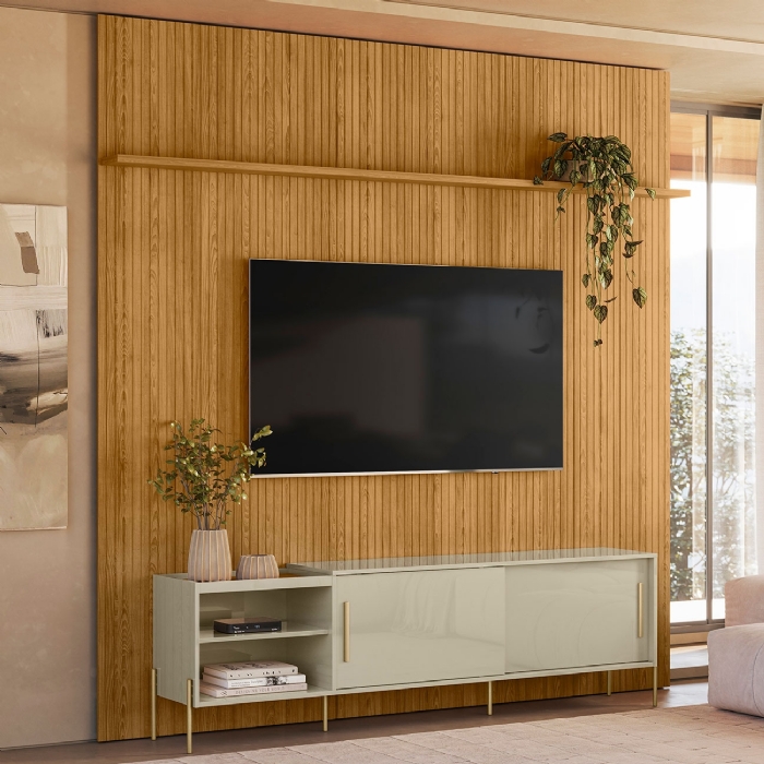 Painel TV 75 Pol 238cm André e Rack Sala Sammy Cumaru/Opala Z10 - Mpozenato