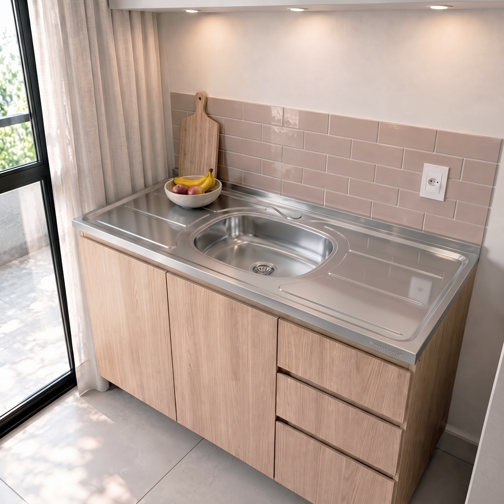Pia de Cozinha com Cuba e Válvula Bali 120cm Aço Inox - Ghel Plus
