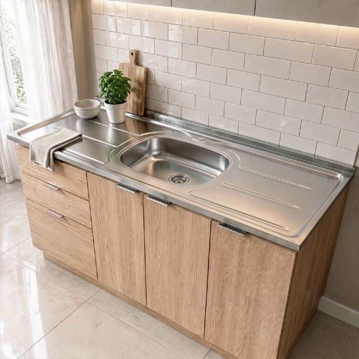 Pia de Cozinha com Cuba e Válvula Bali 150cm Aço Inox - Ghel Plus