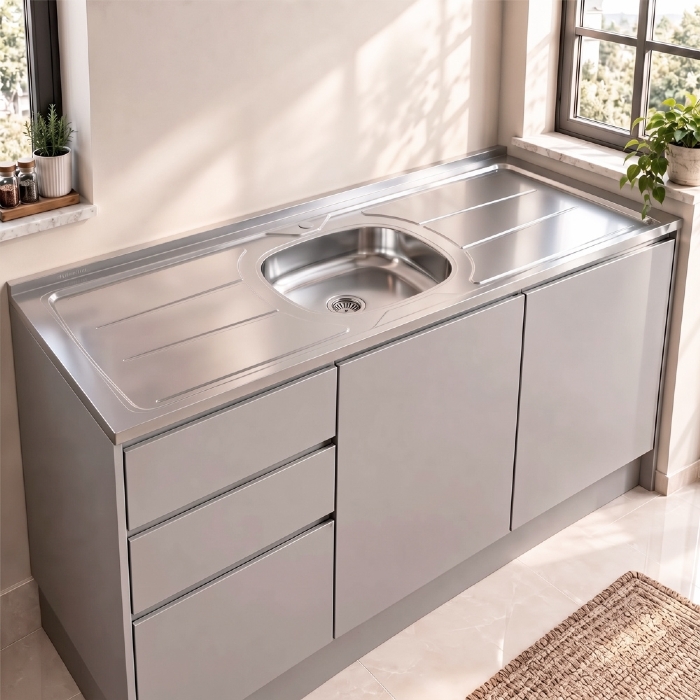 Pia de Cozinha com Cuba e Válvula Bali 160cm Aço Inox - Ghel Plus