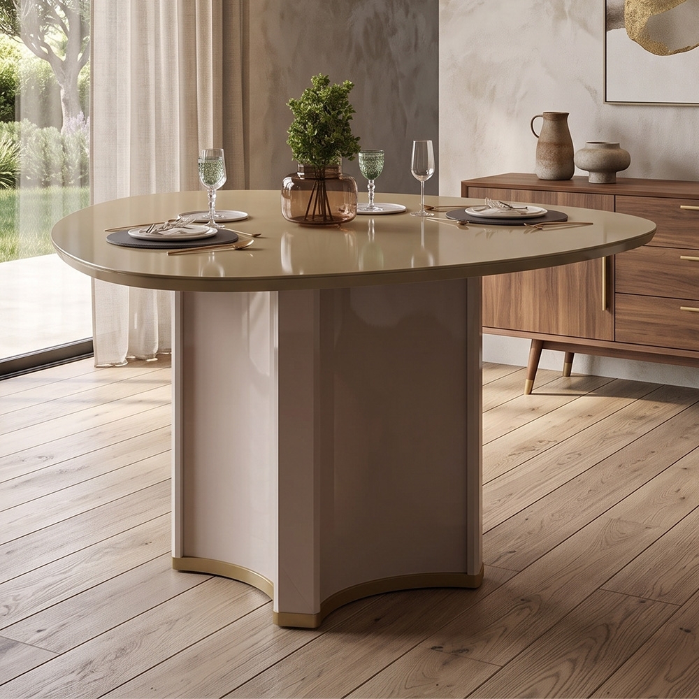 Mesa de Jantar 6 Lugares 136cm Orgânica Com Vidro Lumy Off White/Dourado D04 - Mpozenato