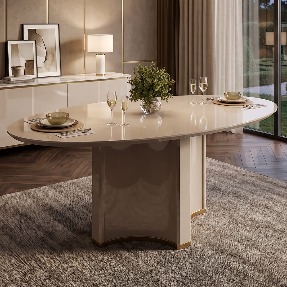 Mesa de Jantar 6 Lugares 183cm Orgânica Com Vidro Oval Lumy Off White D04 - Mpozenato