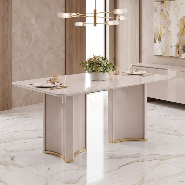 Mesa de Jantar 6 Lugares 180cm Orgânica Com Vidro Jessi Off White D04 - Mpozenato