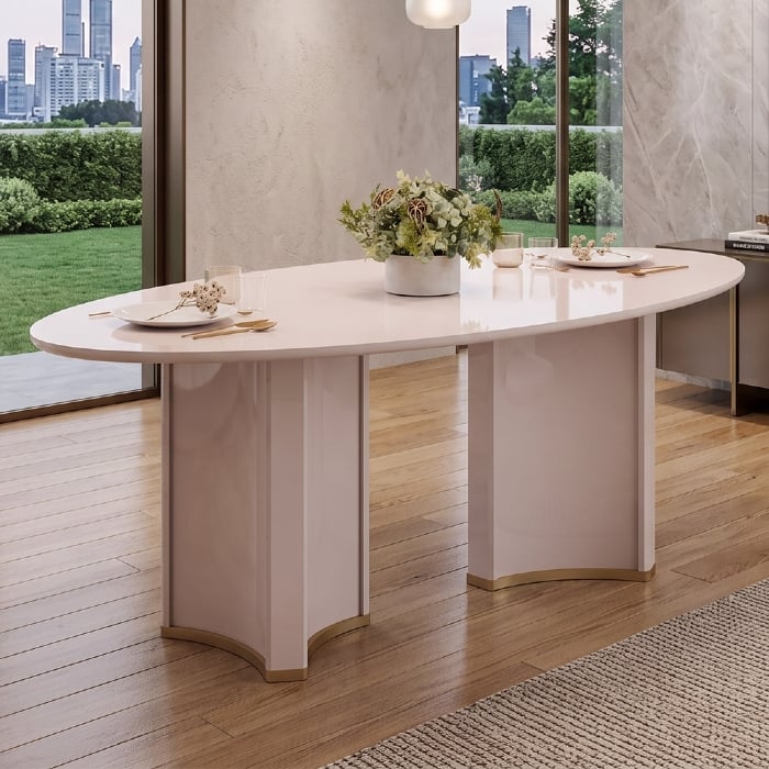 Mesa de Jantar 8 Lugares 218cm Orgânica Com Vidro Oval Jessi Off White D04 - Mpozenato