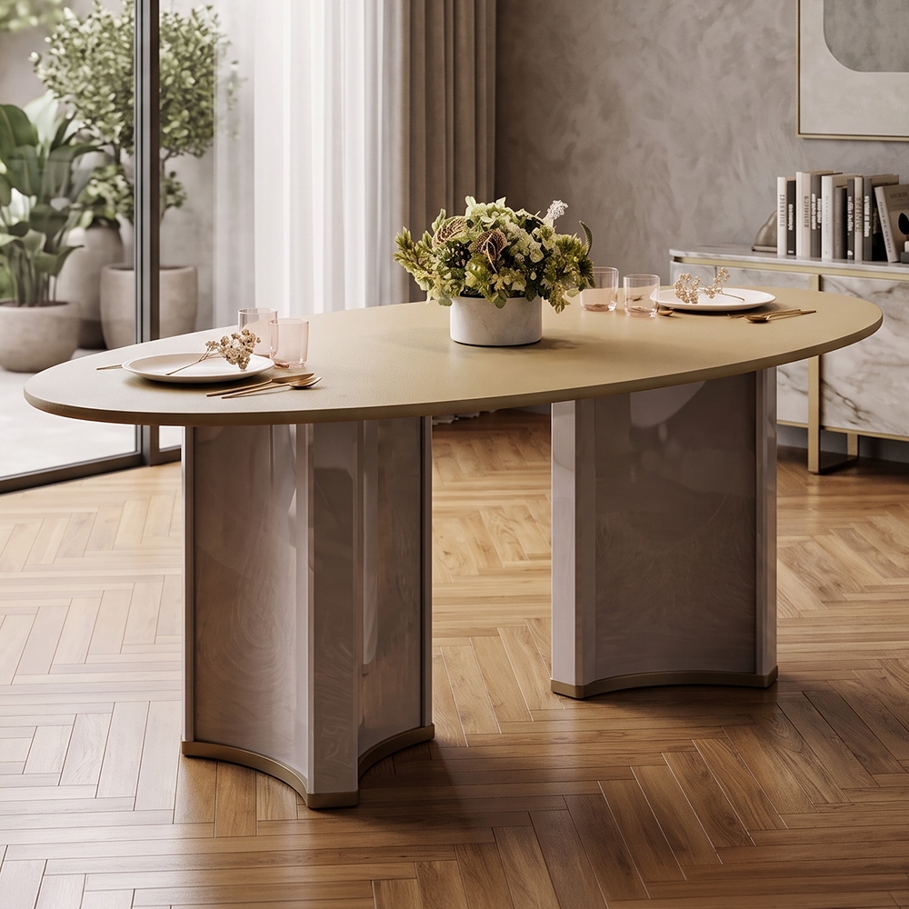 Mesa de Jantar 8 Lugares 218cm Orgânica Com Vidro Oval Jessi Off White/Dourado D04 - Mpozenato