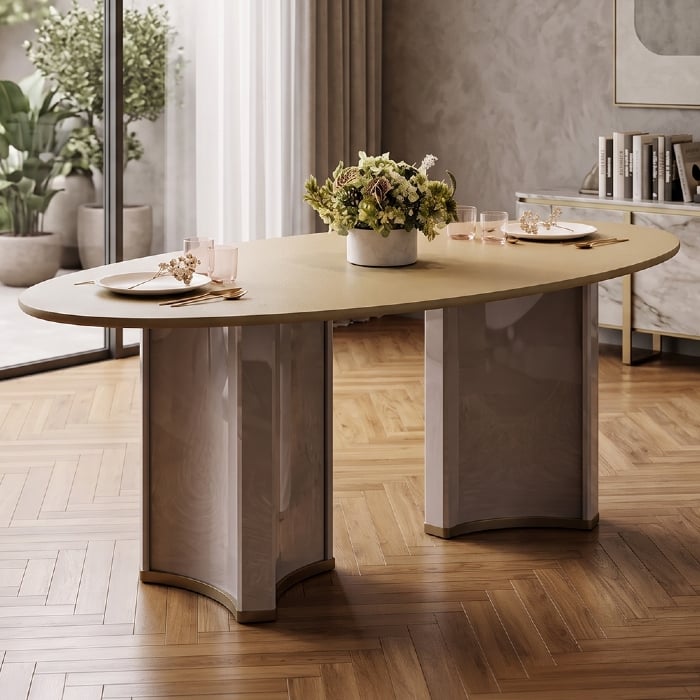Mesa de Jantar 8 Lugares 218cm Orgânica Com Vidro Oval Jessi Off White/Dourado D04 - Mpozenato