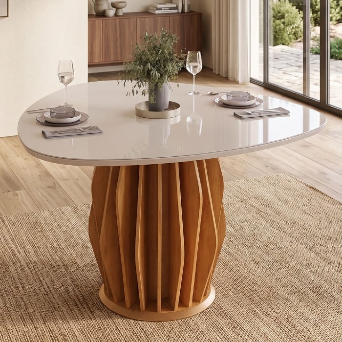 Mesa de Jantar 6 Lugares 136cm Orgânica Com Vidro Vindi Cedro/Off D04 - Mpozenato
