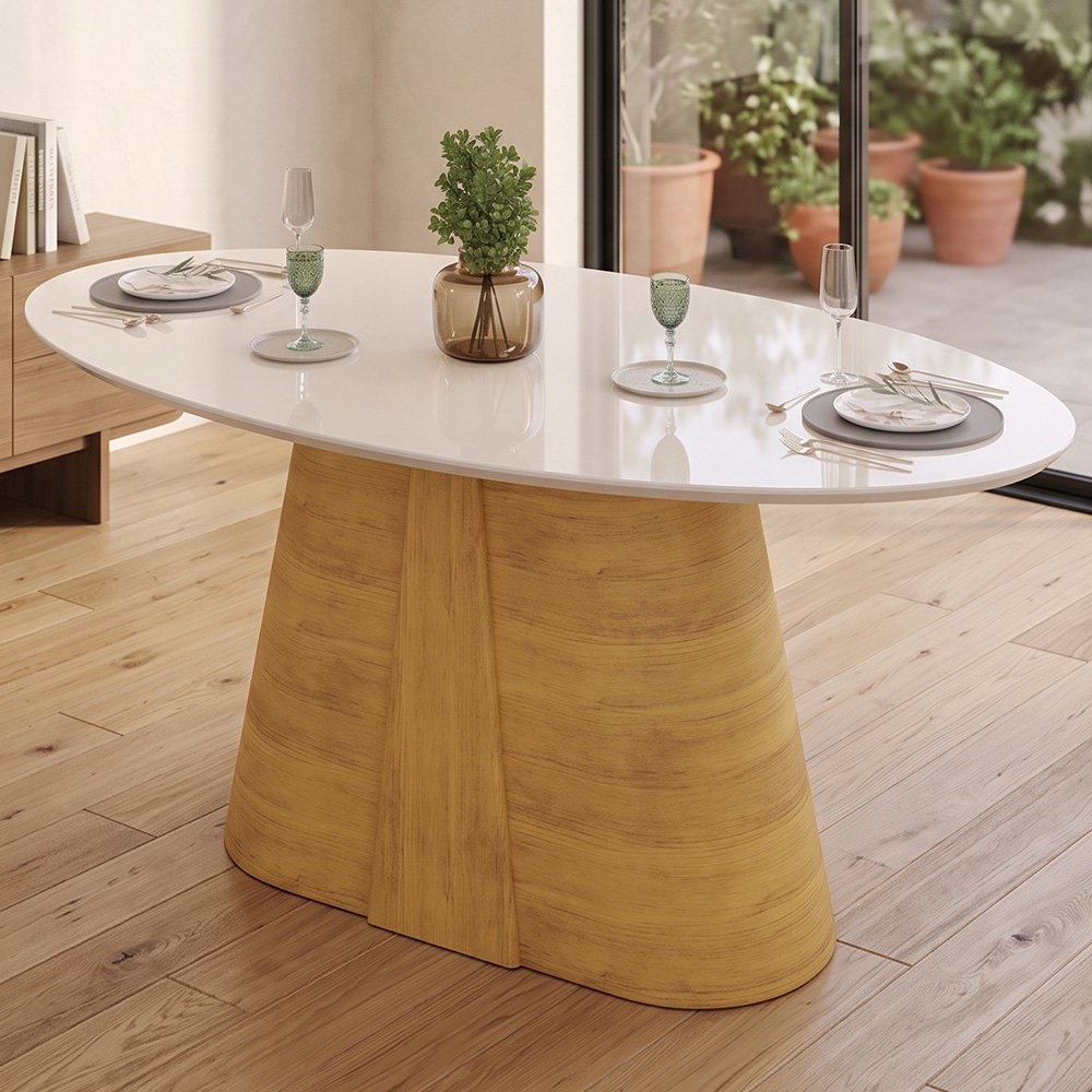 Mesa de Jantar 6 Lugares 183cm Orgânica Com Vidro Oval Holly Cedro/Off D04 - Mpozenato