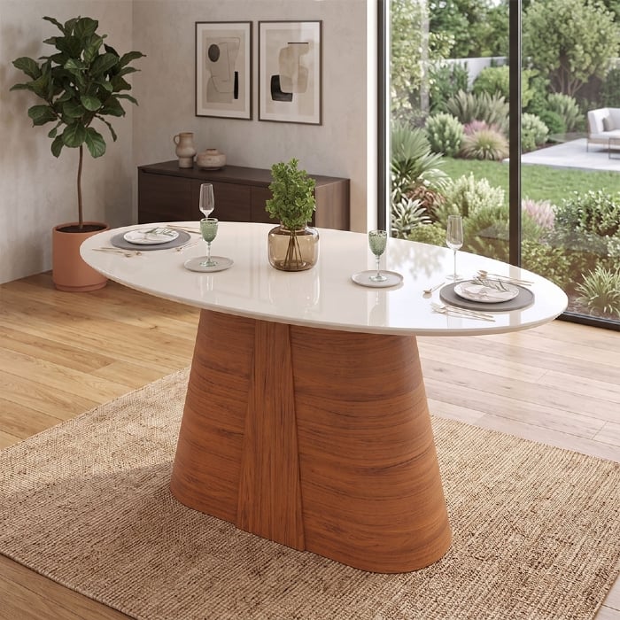 Mesa de Jantar 6 Lugares 183cm Orgânica Com Vidro Oval Holly Freijó/Off D04 - Mpozenato