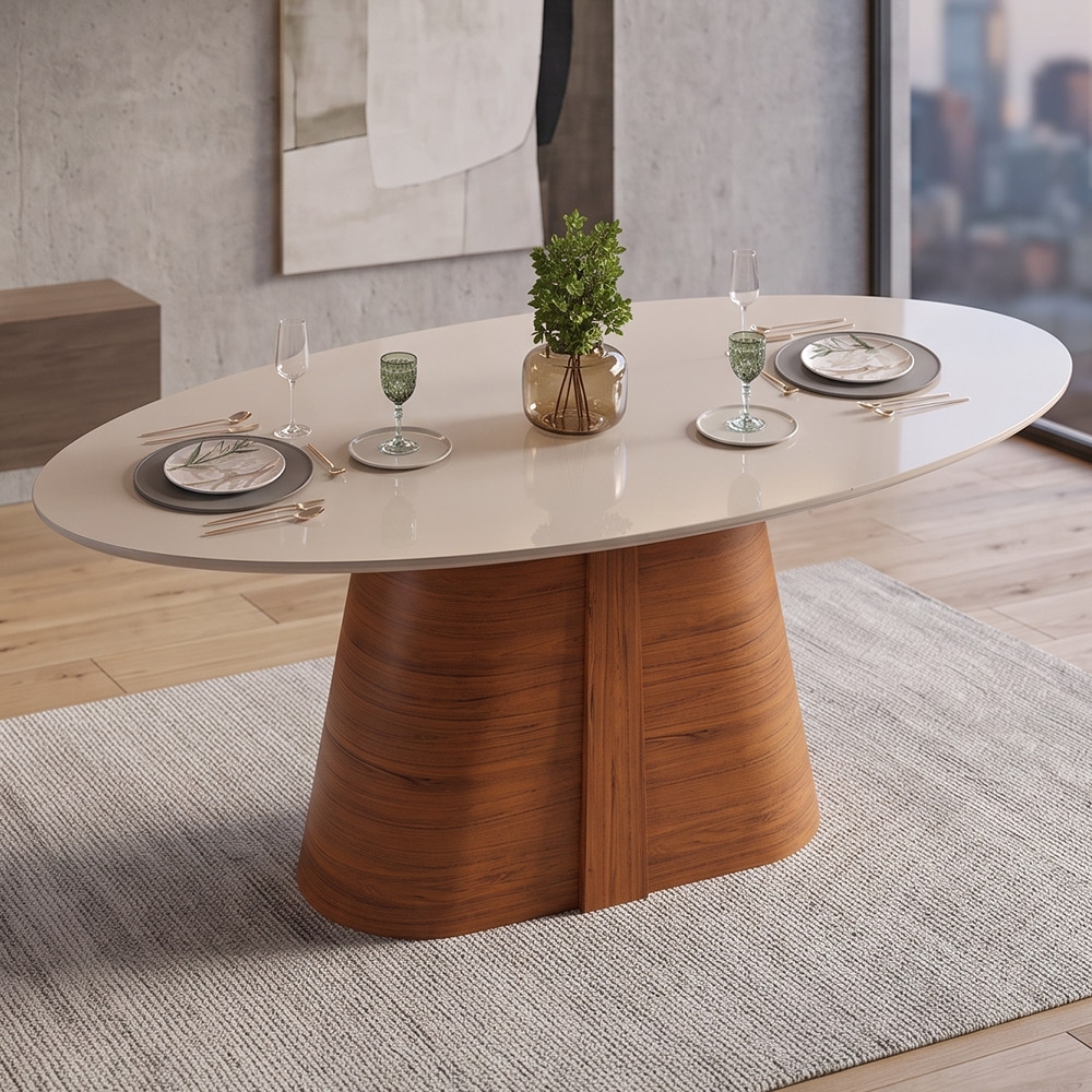 Mesa de Jantar 8 Lugares 218cm Orgânica Com Vidro Oval Holly Freijó/Off D04 - Mpozenato