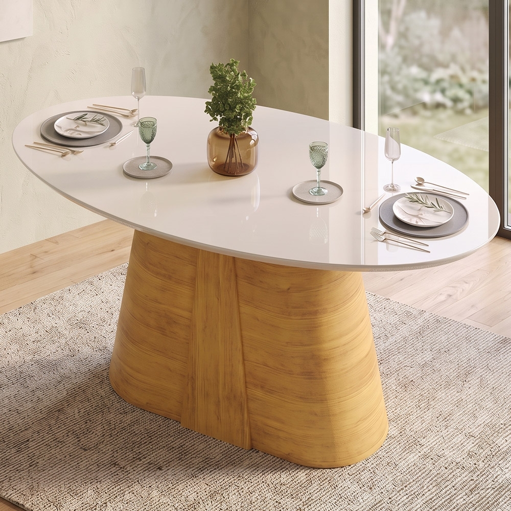 Mesa de Jantar 8 Lugares 218cm Orgânica Com Vidro Oval Holly Cedro/Off D04 - Mpozenato