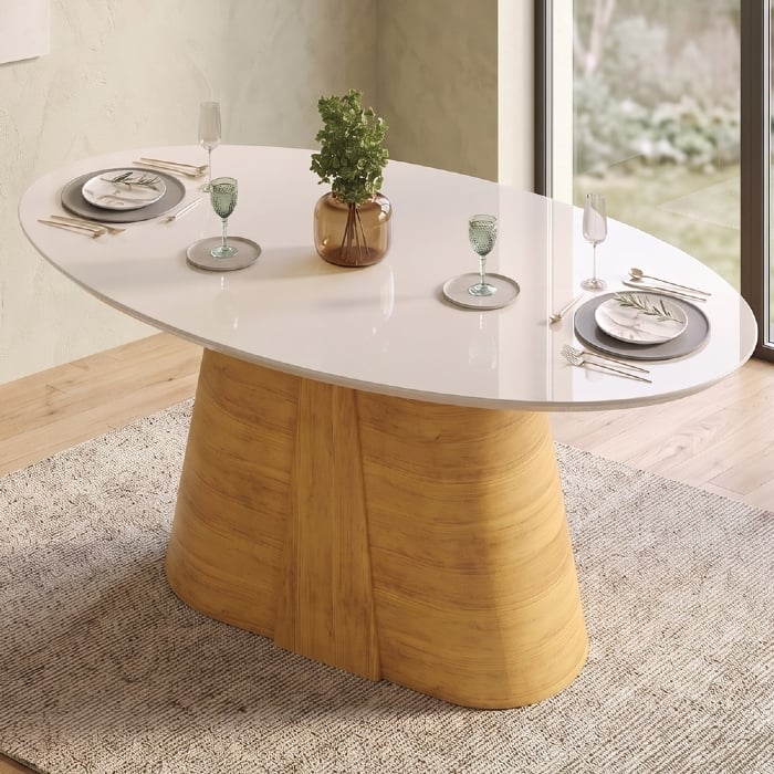 Mesa de Jantar 8 Lugares 218cm Orgânica Com Vidro Oval Holly Cedro/Off D04 - Mpozenato