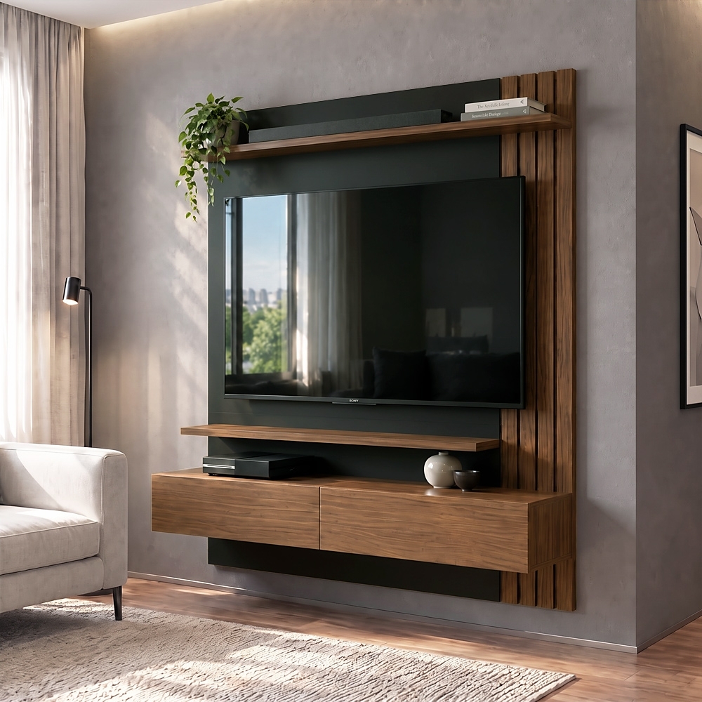 Painel Home Suspenso para TV 65 Pol. 150cm Buriti C05 Noce Milano/Preto Fosco - Mpozenato
