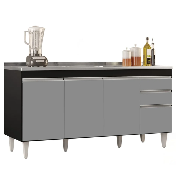 Balcão Gabinete com Pia Inox 160cm Arkansas Preto/Cinza – Lumil