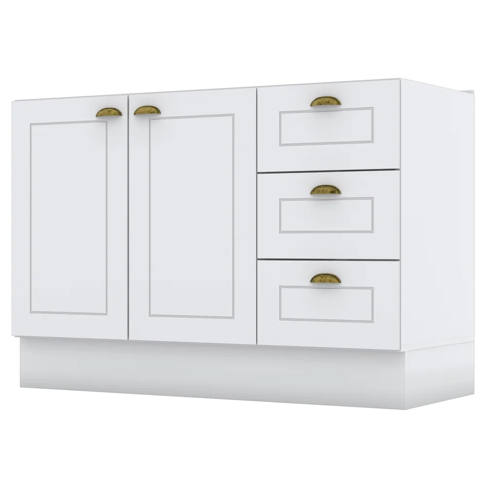 Balcão Gabinete Para Pia 120cm 3 Portas 2 Gavetas sem Tampo 100% MDF Americana Branco - Henn