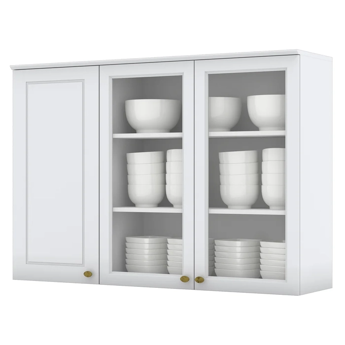 Armário Aéreo 120cm 2 Portas de Vidro 1 Porta Fechada 100% MDF Americana Branco HP - Henn