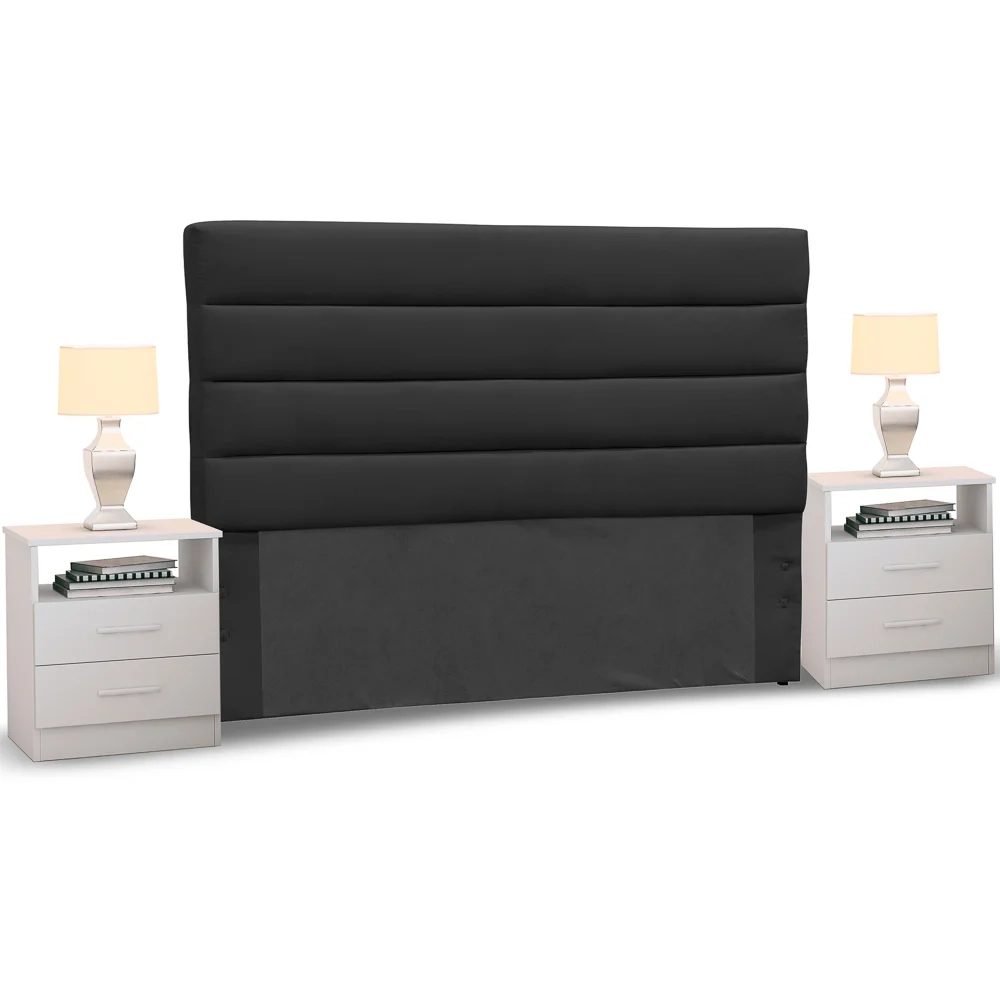 Cabeceira Cama Box Casal Queen 160cm Greta Suede Preto e 2 Mesas de Cabeceira Flex Branco - Mpozenato