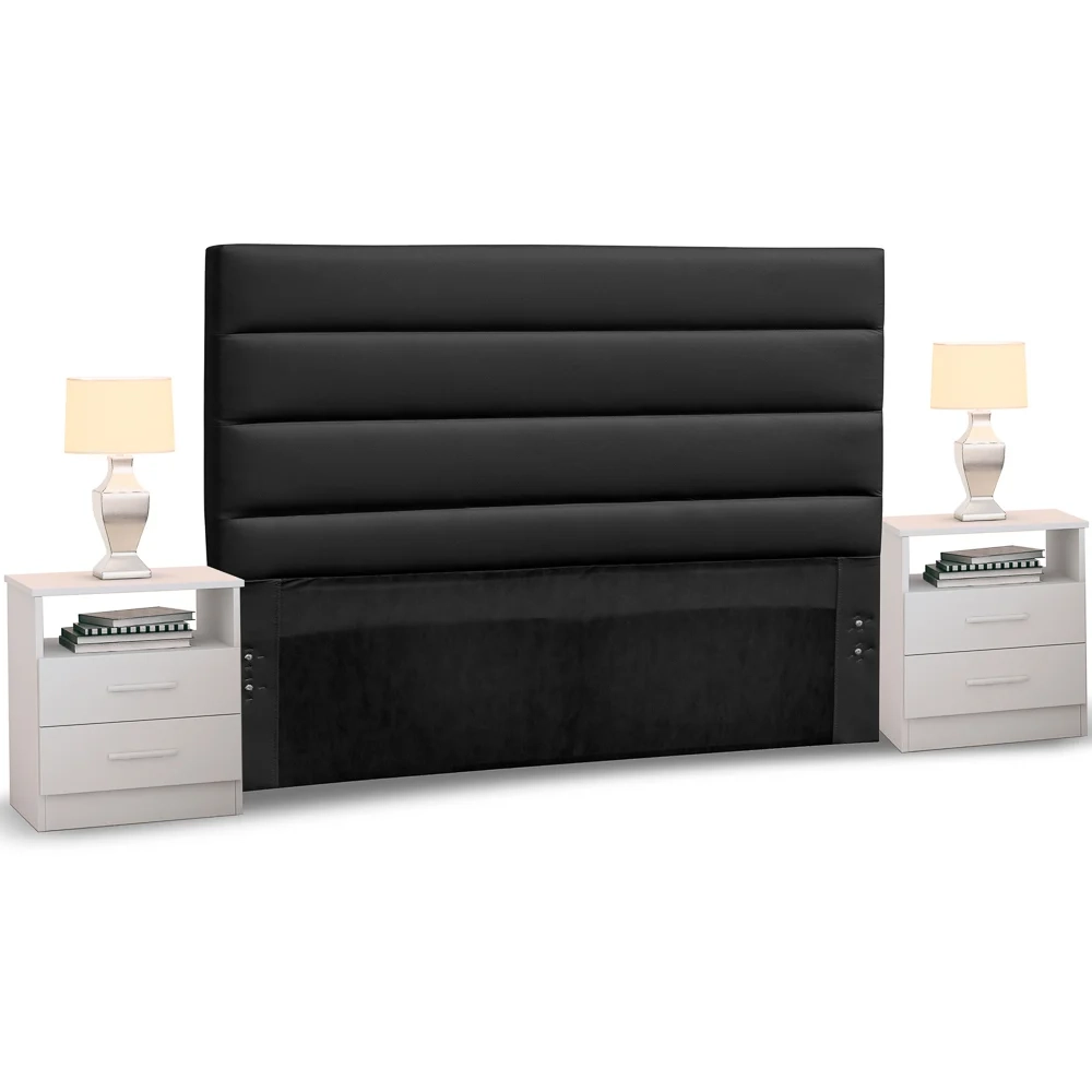 Cabeceira Cama Box Casal King 195cm Greta Corano Preto e 2 Mesas de Cabeceira Flex Branco - Mpozenato