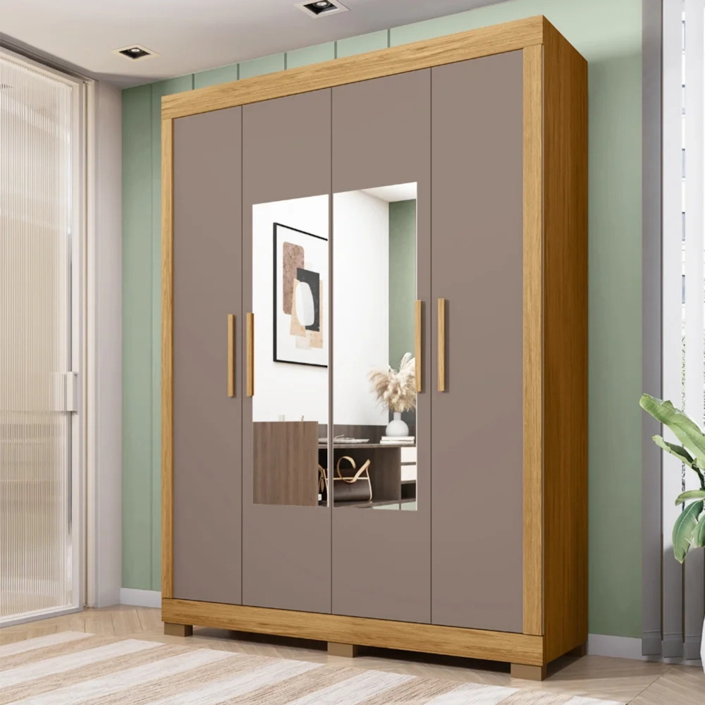 Guarda Roupa Solteiro 154cm 4 Portas Espelho Brasid Mel/Cacao C01 - Mpozenato
