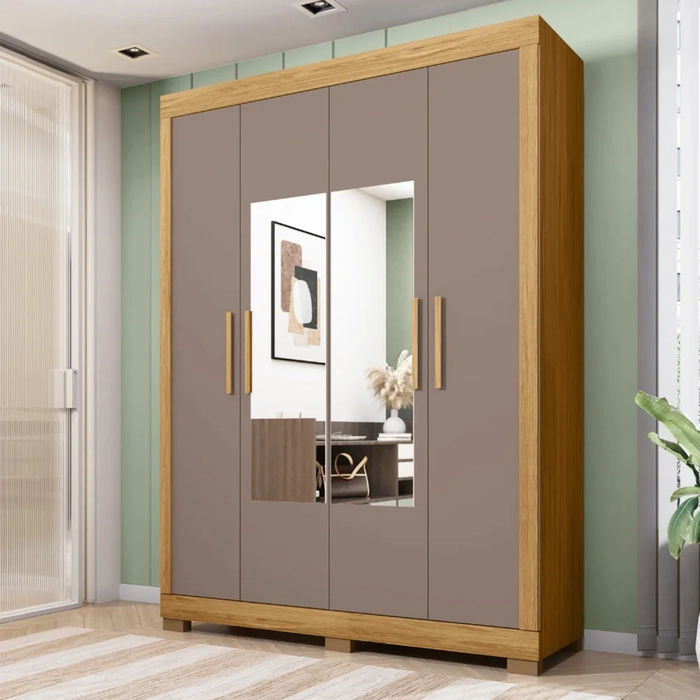 Guarda Roupa Solteiro 154cm 4 Portas Espelho Brasid Mel/Cacao C01 - Mpozenato