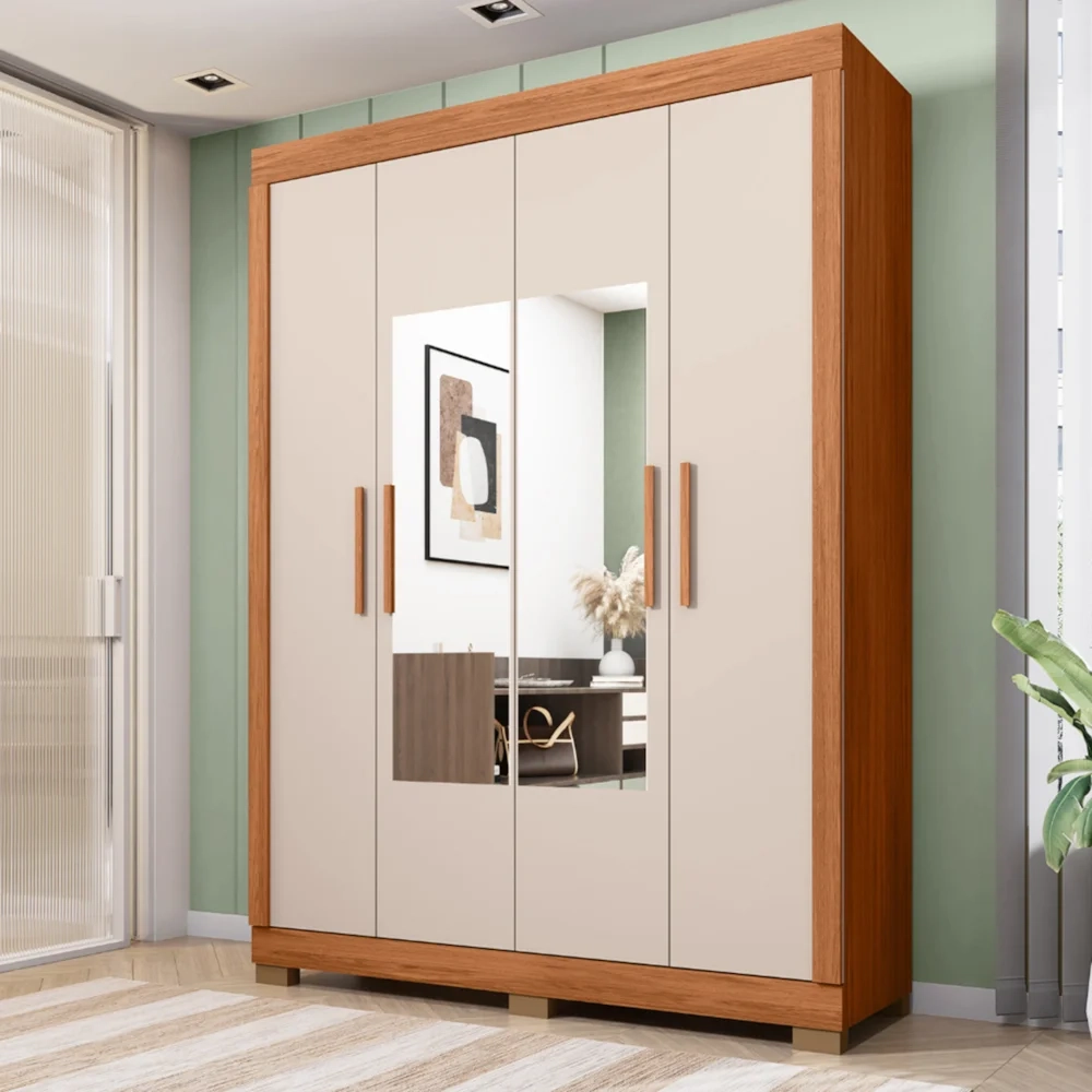 Guarda Roupa Solteiro 154cm 4 Portas Espelho Brasid Freijó/Off C01 - Mpozenato