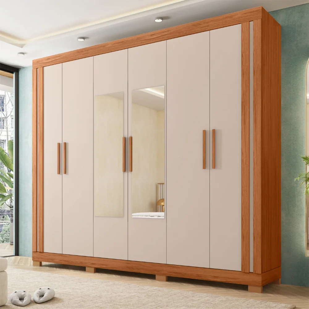 Guarda Roupa Casal 230cm 6 Portas Espelho Brasid Freijó/Off C01 - Mpozenato