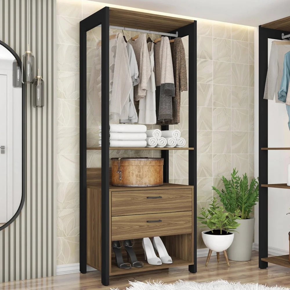 Guarda Roupa Solteiro Closet 73cm 2 Gavetas Una Mel/Preto C01 - Mpozenato