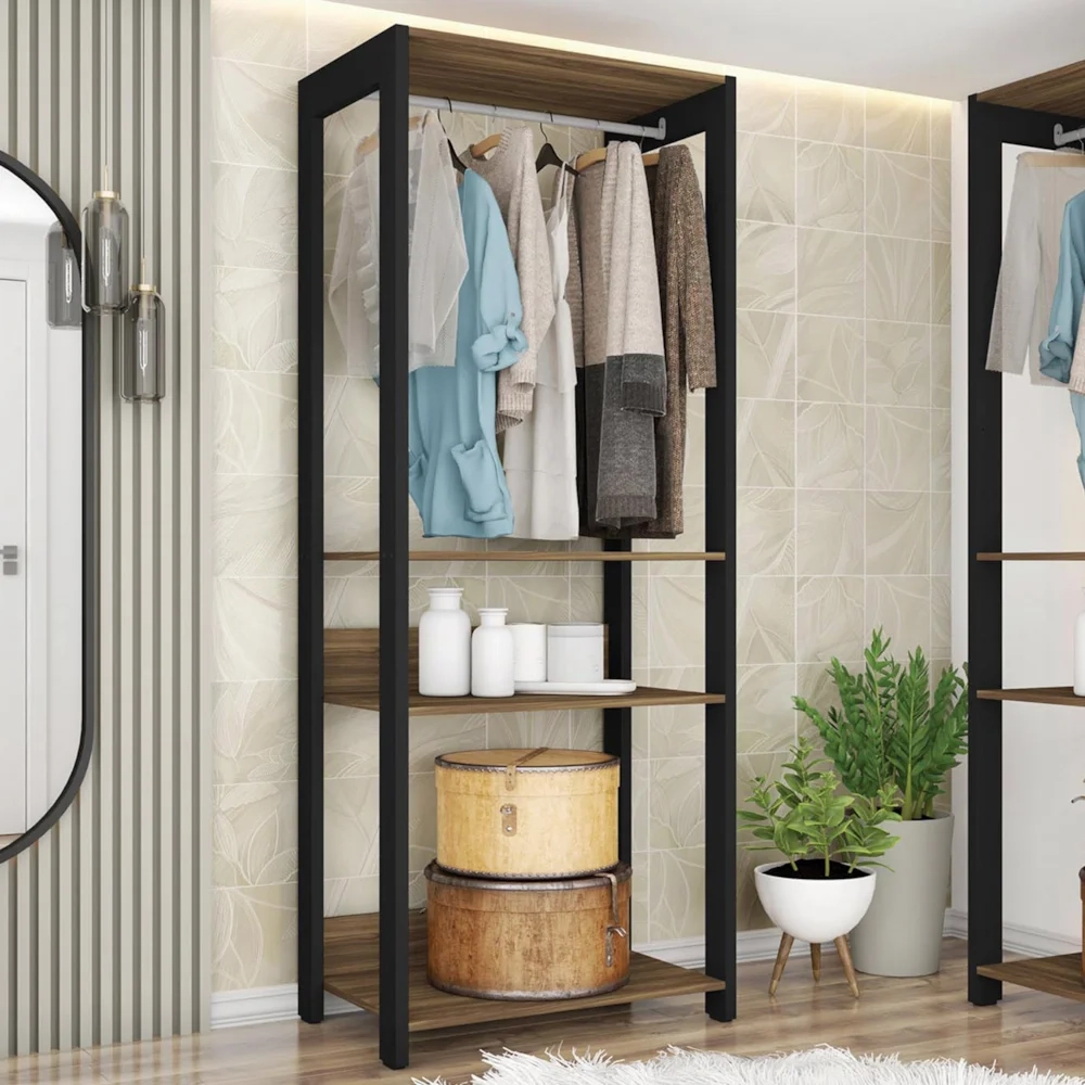 Guarda Roupa Solteiro Closet 73cm 3 Prateleiras Una Mel/Preto C01 - Mpozenato