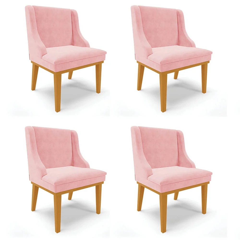 Kit 4 Cadeiras Estofadas para Sala de Jantar Base Fixa de Madeira Castanho Lia Suede Rosa bebê - Ibiza