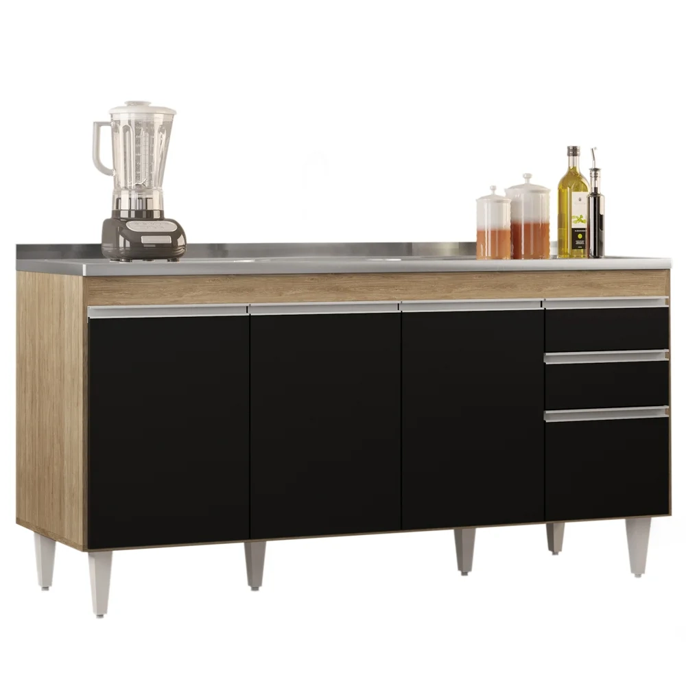 Balcão Gabinete com Pia Inox 160cm Arkansas Castanho/Preto – Lumil