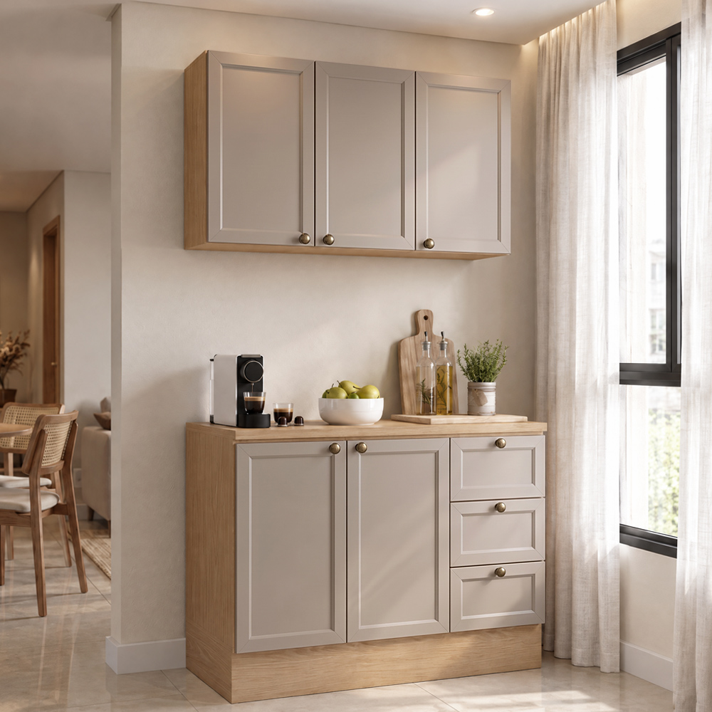 Balcão Cozinha Com Tampo 120cm E Armário Cozinha Americana Lara Freijó/fendi - Lumil