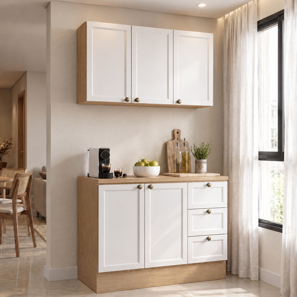 Balcão Cozinha Com Tampo 120cm E Armário Cozinha Americana Lara Freijó/branco - Lumil