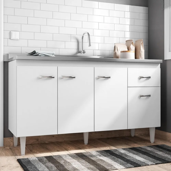 Balcão Gabinete Com Pia Inox 150cm 4 Portas Gabriela Branco/Preto - AJL Móveis