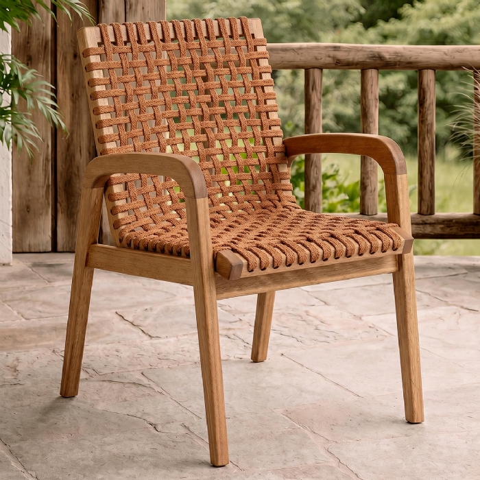 Cadeira Madeira Área Gourmet com Braço Trama Tenza Jatobá/Ocre C17 - Mpozenato
