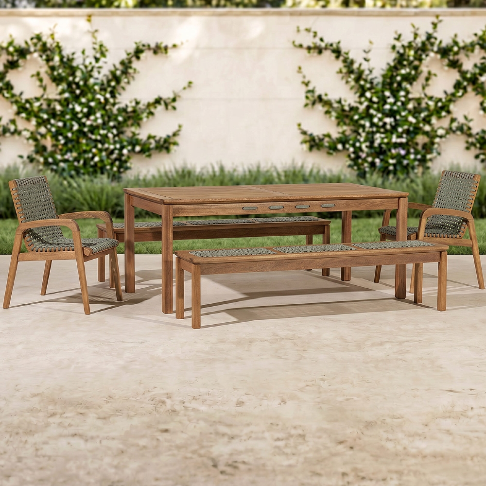 Mesa Madeira 180cm 2 Cadeiras e 2 Bancos Tenza Jatobá/Verde Olivia C17 - Mpozenato