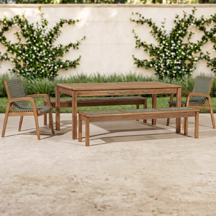 Mesa Madeira 180cm 2 Cadeiras e 2 Bancos Tenza Jatobá/Verde Olivia C17 - Mpozenato