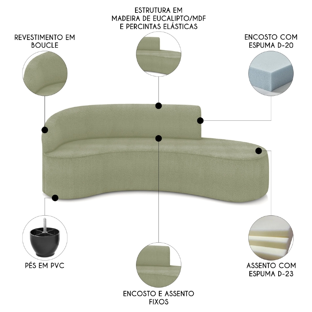 Sofá 4 Lugares Para Sala 220cm Orgânico Wendi Boucle Pistache I01  - Mpozenato