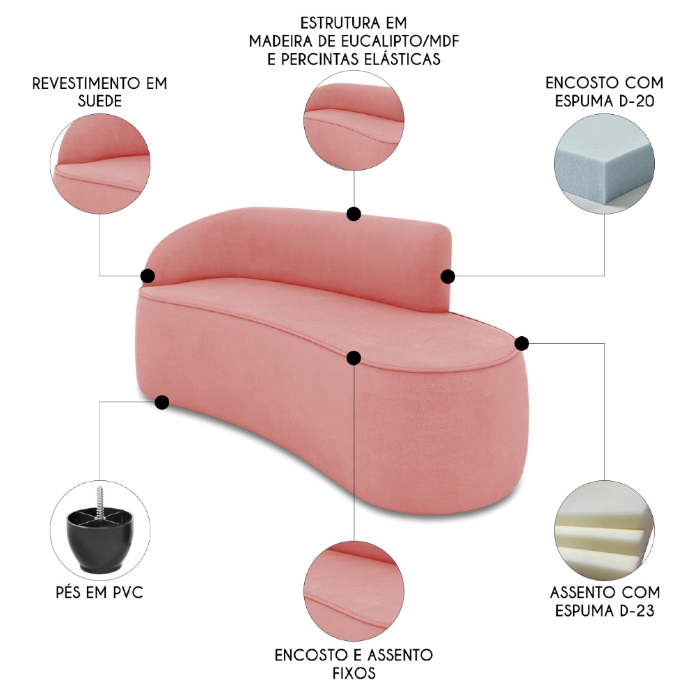 Sofá 3 Lugares Para Sala 180cm Orgânico Wendi Suede Rosê I01  - Mpozenato