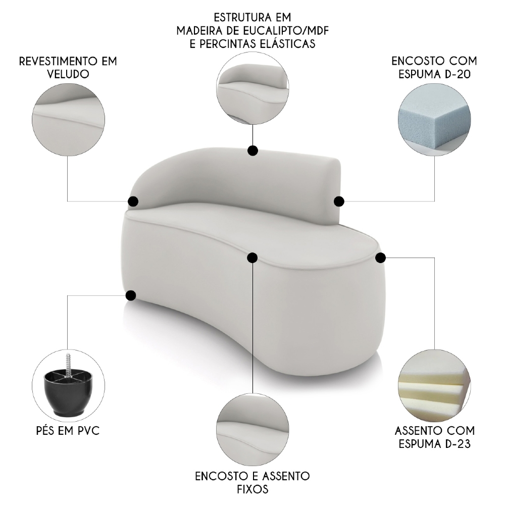 Sofá 2 Lugares Para Sala 140cm Orgânico Wendi Veludo Cinza I01  - Mpozenato