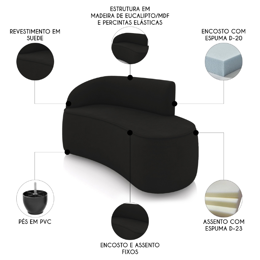 Sofá 2 Lugares Para Sala 140cm Orgânico Wendi Suede Preto I01  - Mpozenato