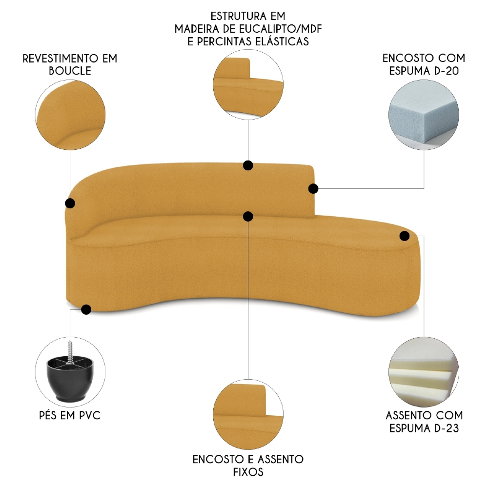 Sofá 4 Lugares Para Sala 220cm Orgânico Wendi Boucle Mostarda I01  - Mpozenato