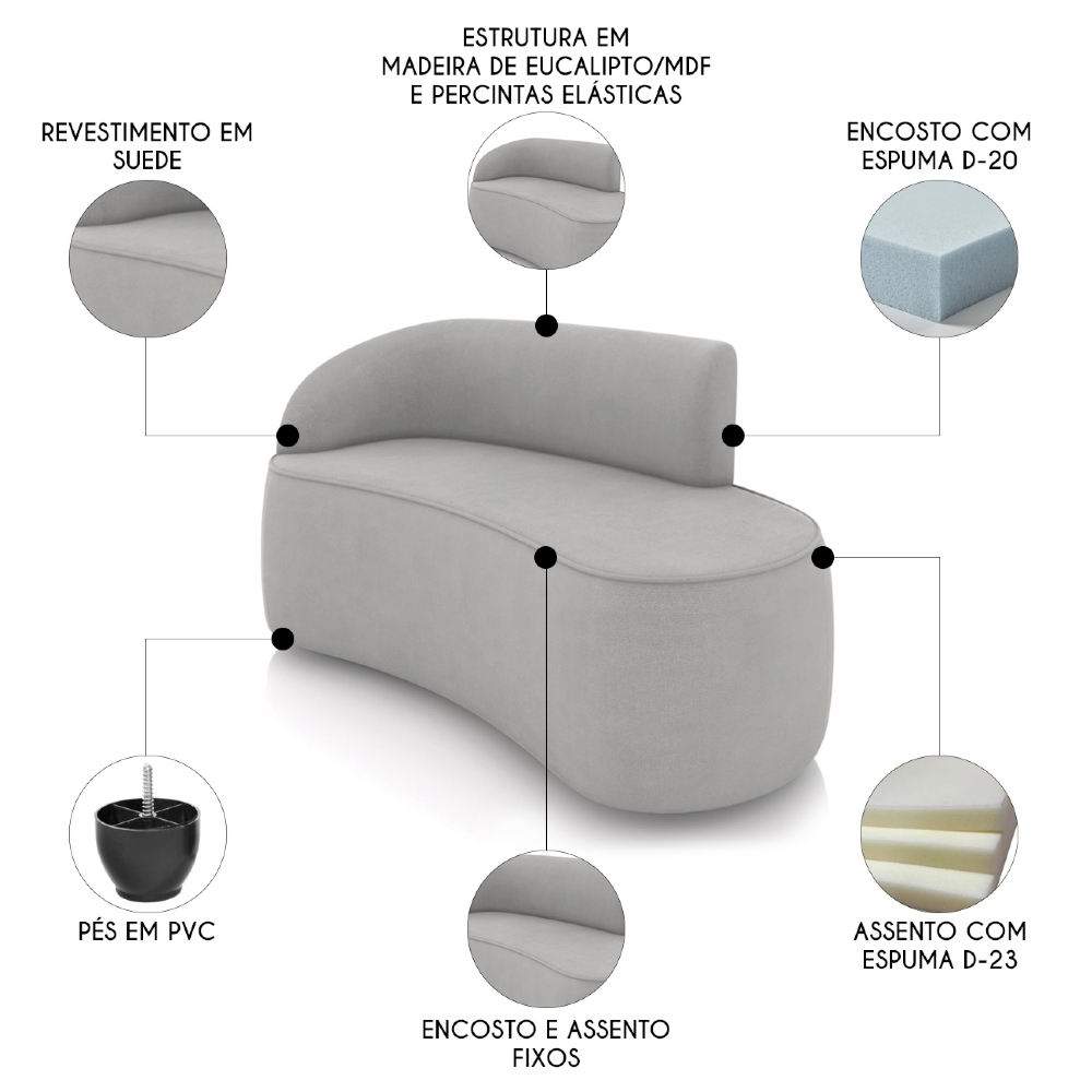 Sofá 2 Lugares Para Sala 140cm Orgânico Wendi Suede Cinza I01  - Mpozenato