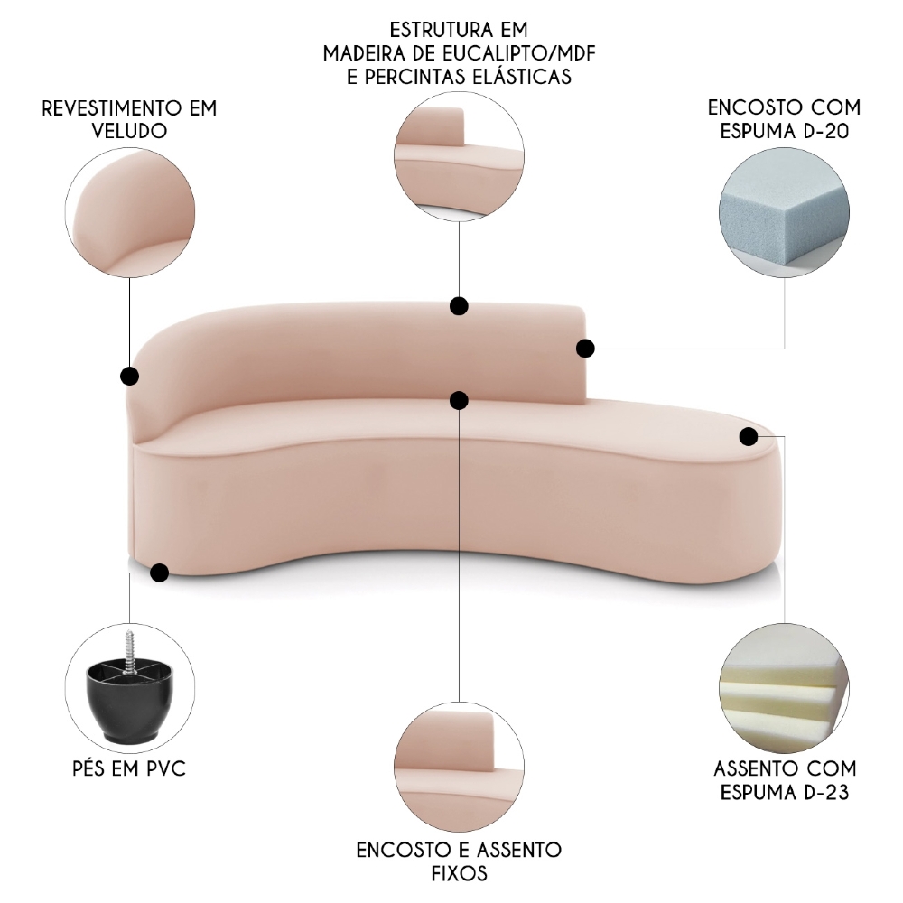 Sofá 4 Lugares Para Sala 220cm Orgânico Wendi Veludo Rose I01  - Mpozenato