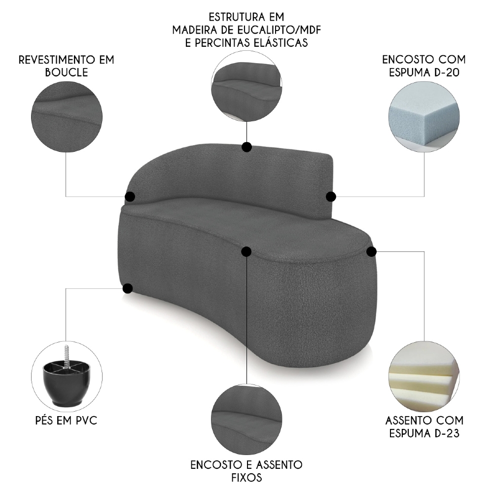 Sofá 2 Lugares Para Sala 140cm Orgânico Wendi Boucle Grafite I01  - Mpozenato
