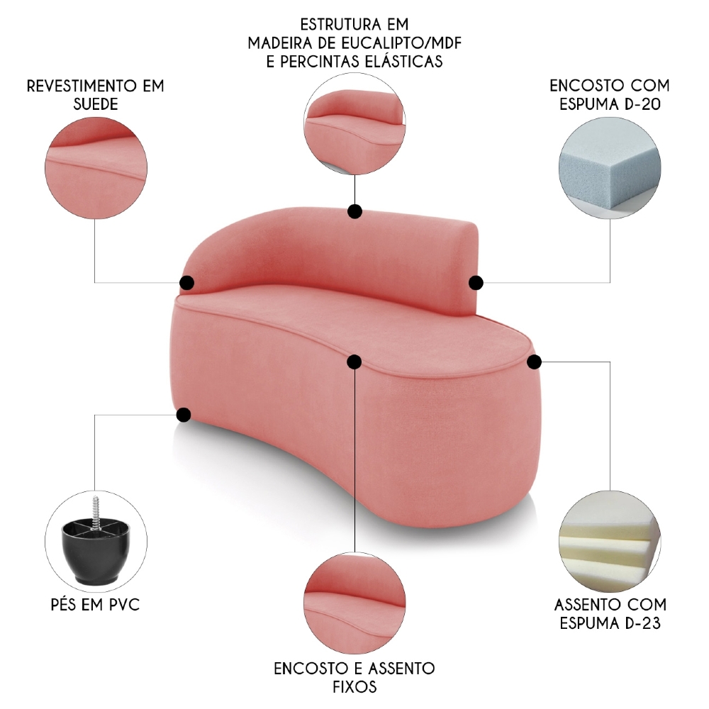 Sofá 2 Lugares Para Sala 140cm Orgânico Wendi Suede Rosê I01  - Mpozenato