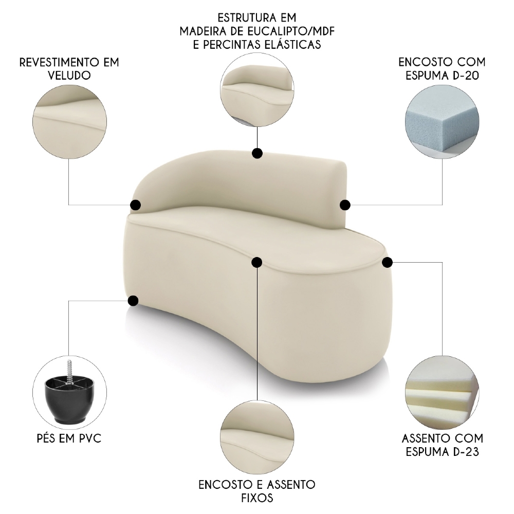 Sofá 2 Lugares Para Sala 140cm Orgânico Wendi Veludo Bege I01  - Mpozenato