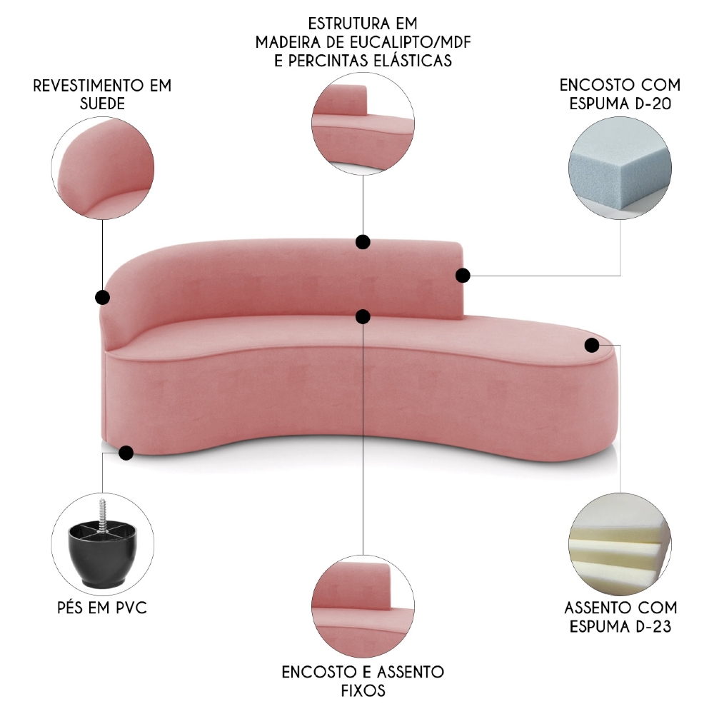 Sofá 4 Lugares Para Sala 220cm Orgânico Wendi Suede Rosê I01  - Mpozenato