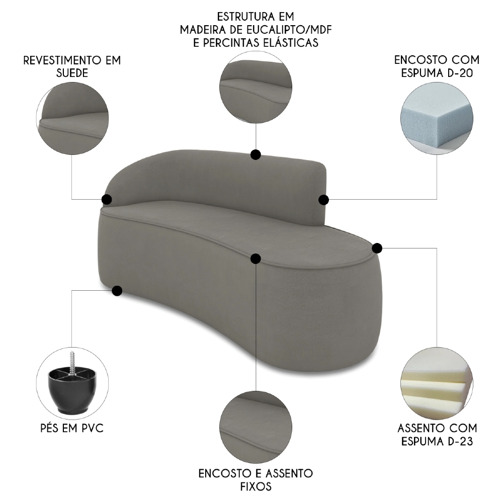 Sofá 3 Lugares Para Sala 180cm Orgânico Wendi Suede Grafite I01  - Mpozenato