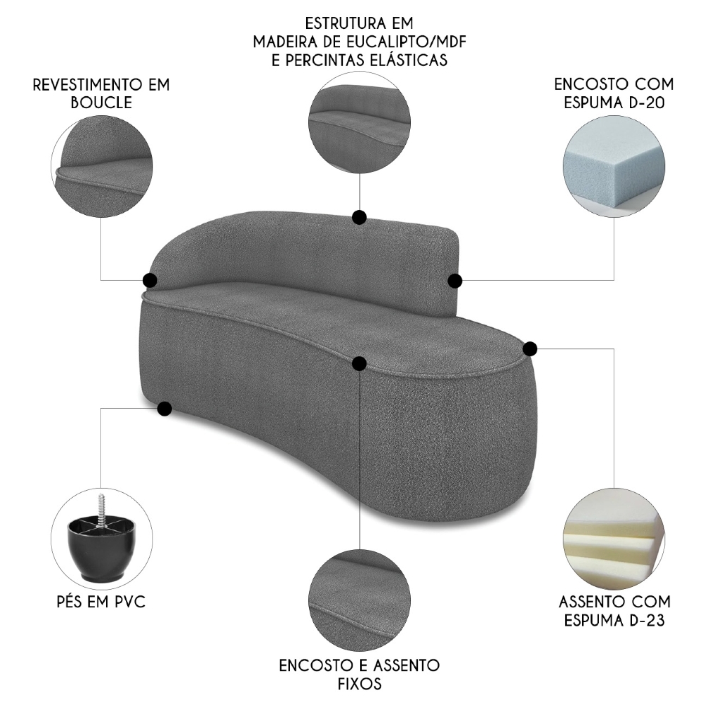 Sofá 3 Lugares Para Sala 180cm Orgânico Wendi Boucle Grafite I01  - Mpozenato